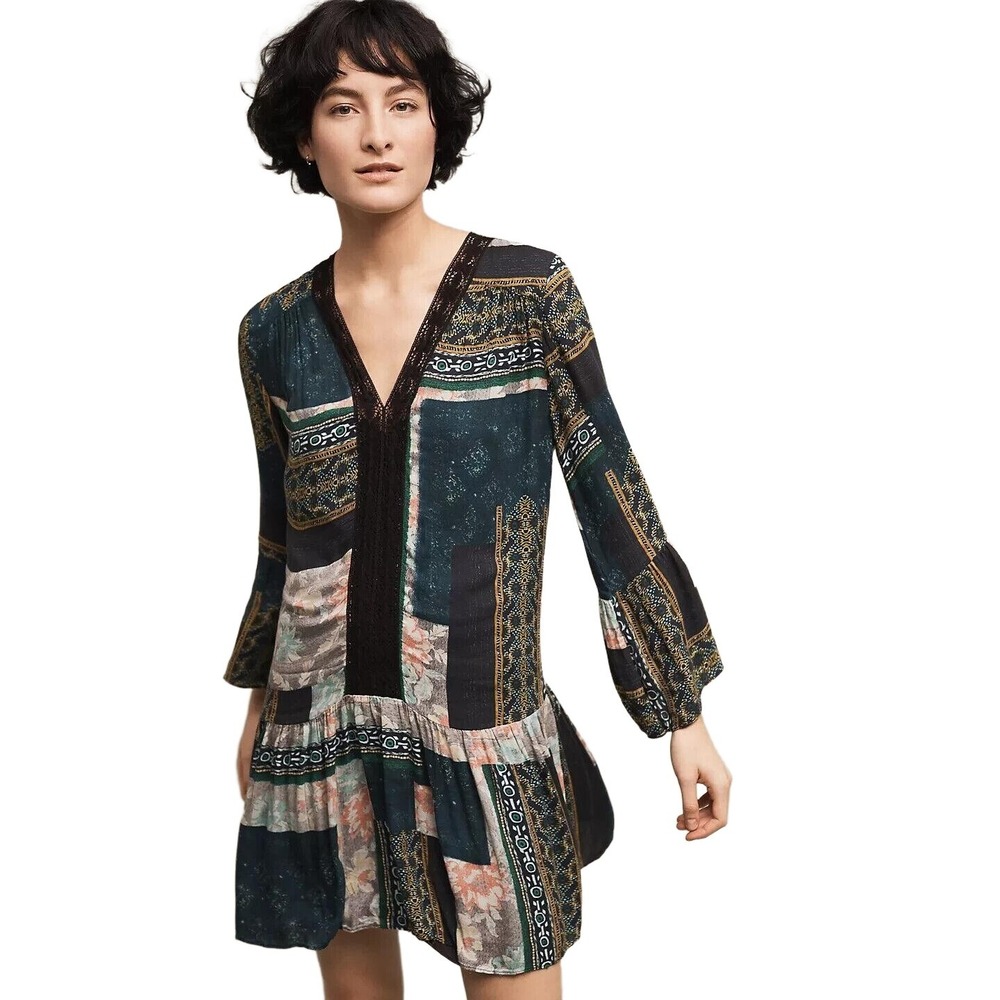 Anthropologie Maeve Women's Multi Patchwork Boho V-Neck Peasant Dress Size Small